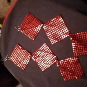 "SOLD" RED Metallic 3 diamond tier Ear rings.